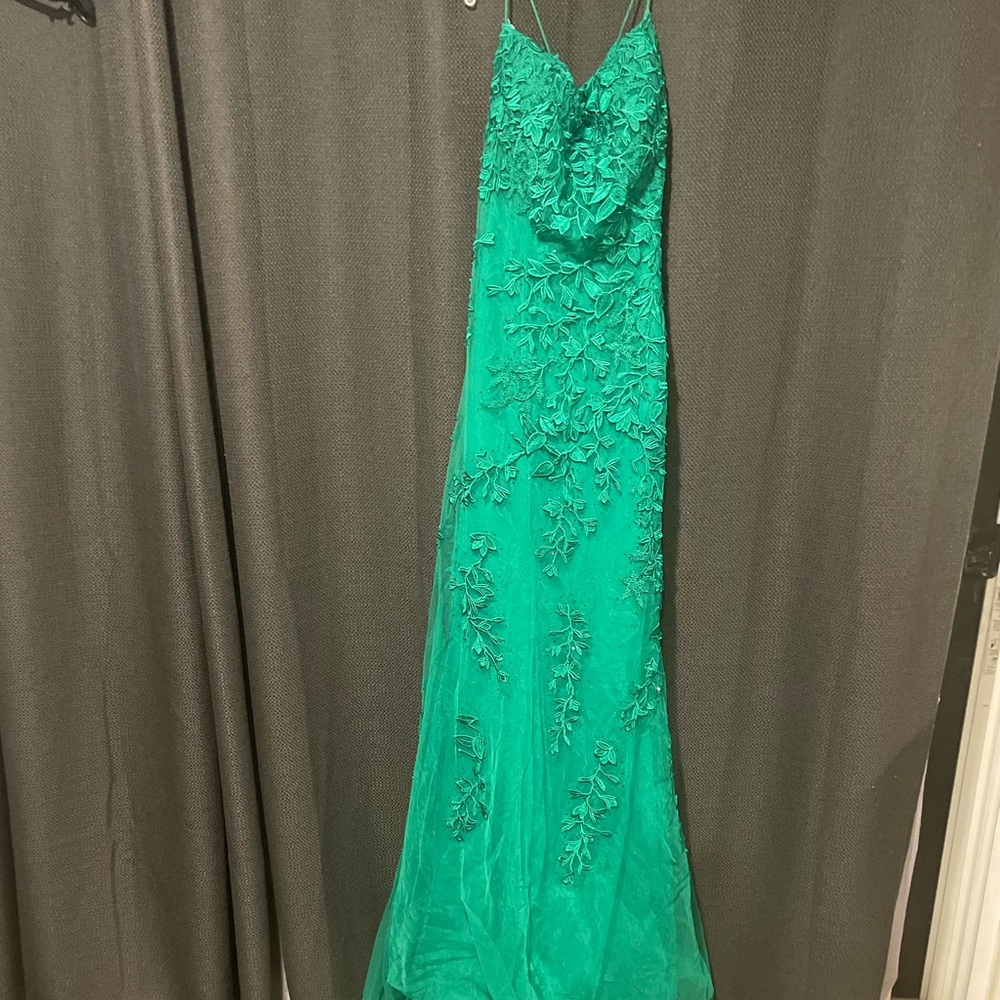 Long prom dress, green color , gorgeous back with train